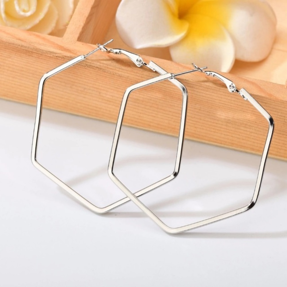 NEW!💙💎HEXAGON! AWESOME HOOPS!💎💙SILVERY MODERN! - Picture 6 of 8